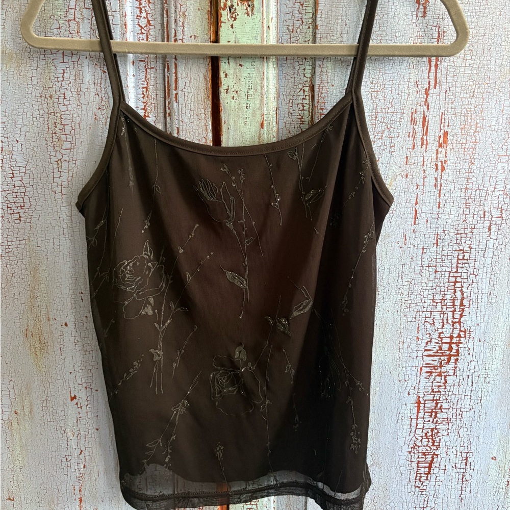 Vintage Black Mesh Overlay Tank with Floral Details